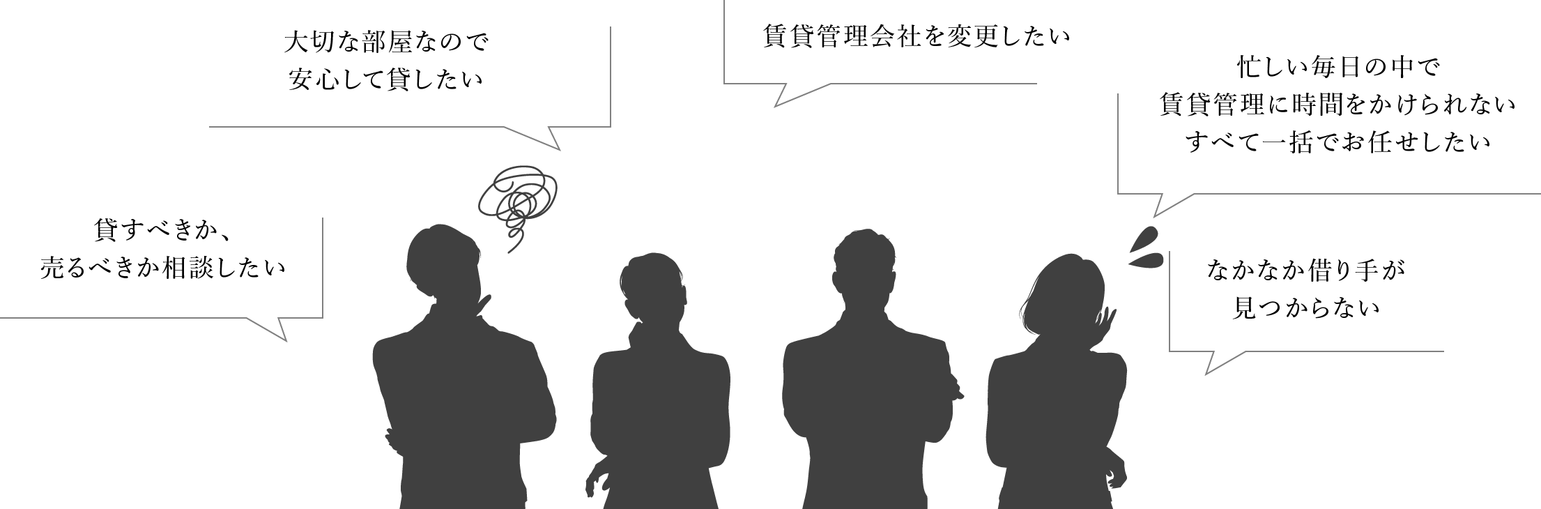 貸すべきか、売るべきか相談したい 大切な部屋なので安心して貸したい 賃貸管理会社を変更したい 忙しい毎日の中で賃貸管理に時間をかけられないすべて一括でお任せしたい なかなか借り手が見つからない