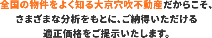 豊富なマンション仲介実績を持ち、全国の物件をよく知る大京穴吹不動産だからこそ、あらゆる根拠をもとに、ご納得いただける適正価格をご提示いたします。