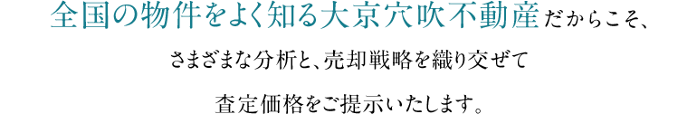 全国の物件をよく知る大京穴吹不動産だからこそ、さまざまな分析と、売却戦略を織り交ぜて査定価格をご提示いたします。