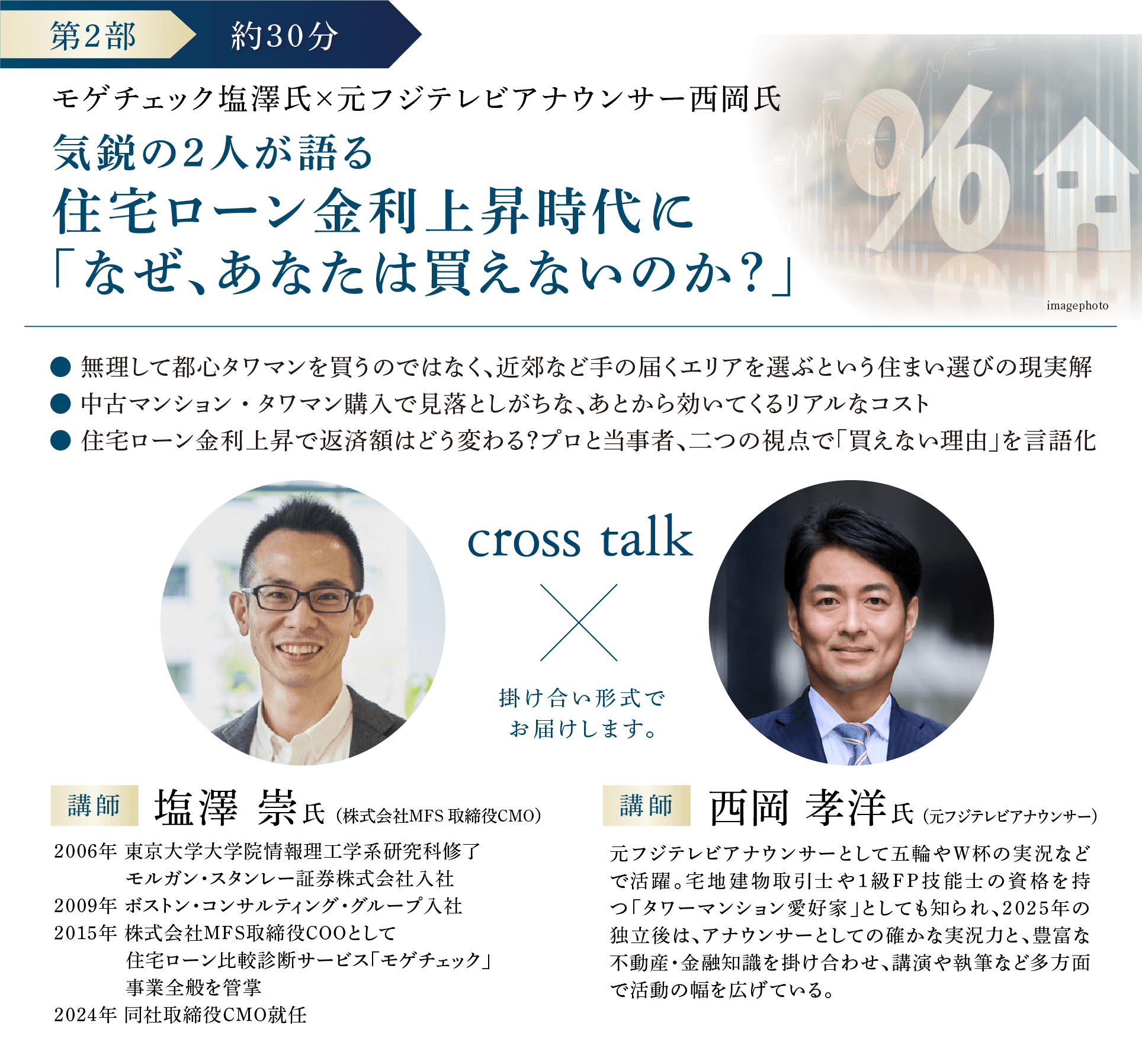 第2部 | 約30分 モゲチェック塩澤氏×元フジテレビアナウンサー西岡氏 気鋭の2人が語る住宅ローン金利上昇時代に「なぜ、あなたは買えないのか？」